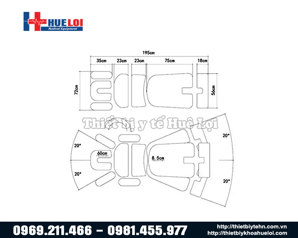 Kích thước chi tiết các phần đệm giường nắn chỉnh cột sống toàn thân EL07