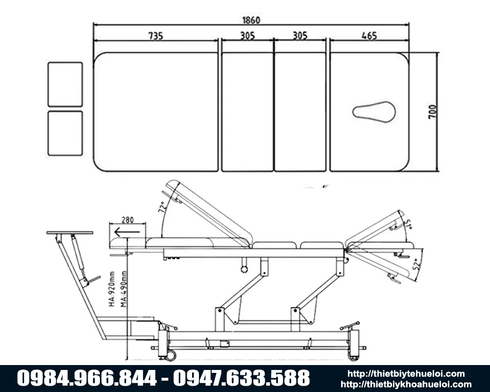 K&iacute;ch thước của giường k&eacute;o gi&atilde;n cột sống CY-C101F