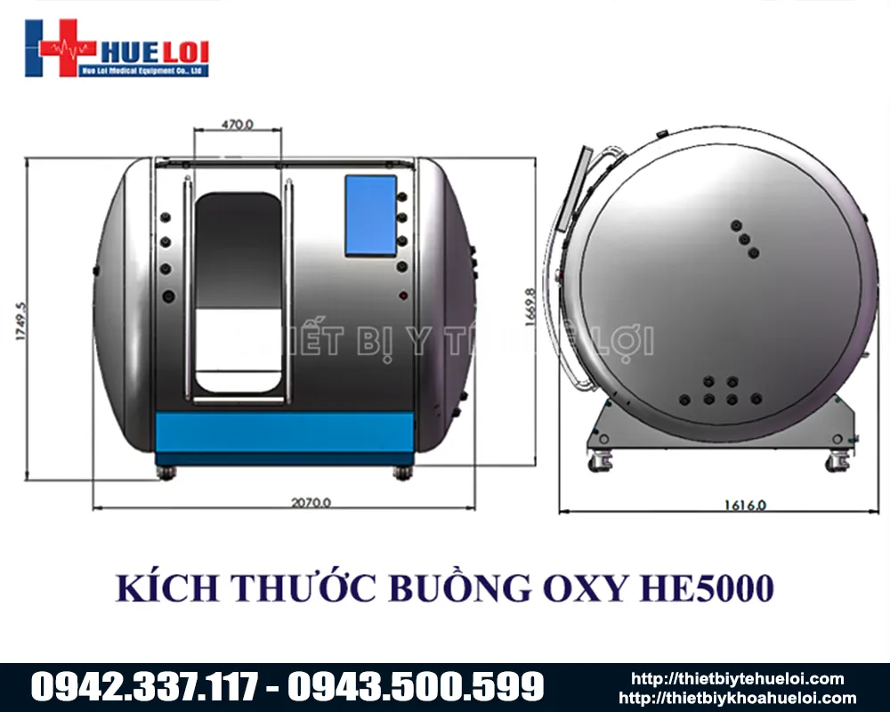 Kích thước phòng trị liệu di động bằng oxy cao áp he5000